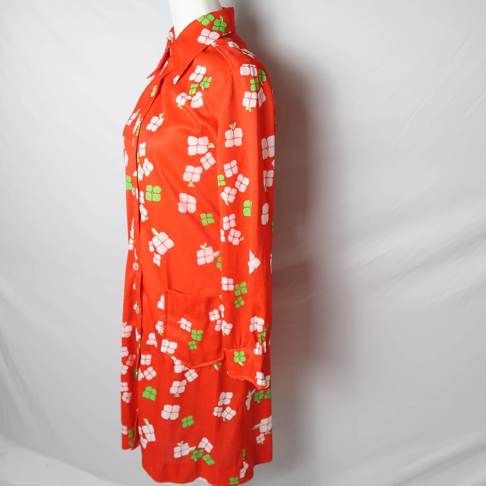 Vintage 70s red orange and white groovy floral mini shirt dress S - Picture 3 of 6